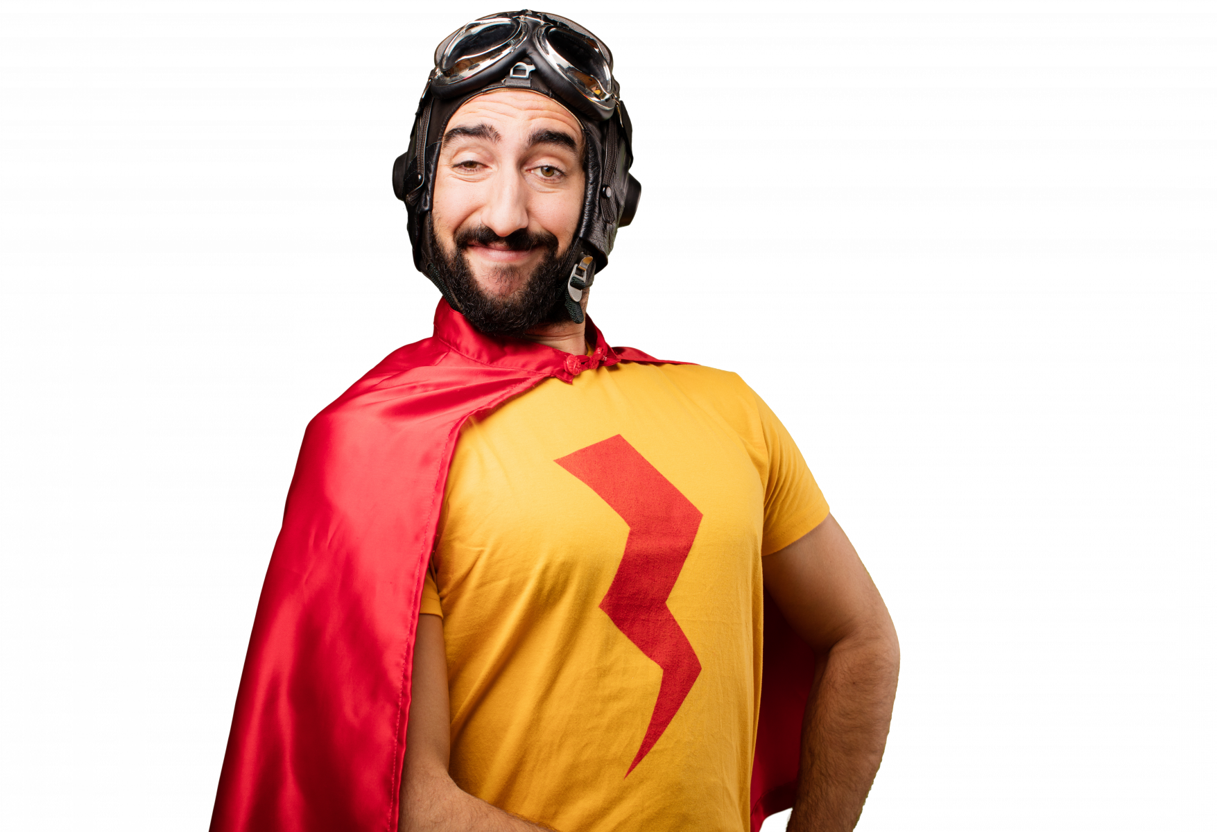 mann im superhelden-outfit mit blitz auf der brust